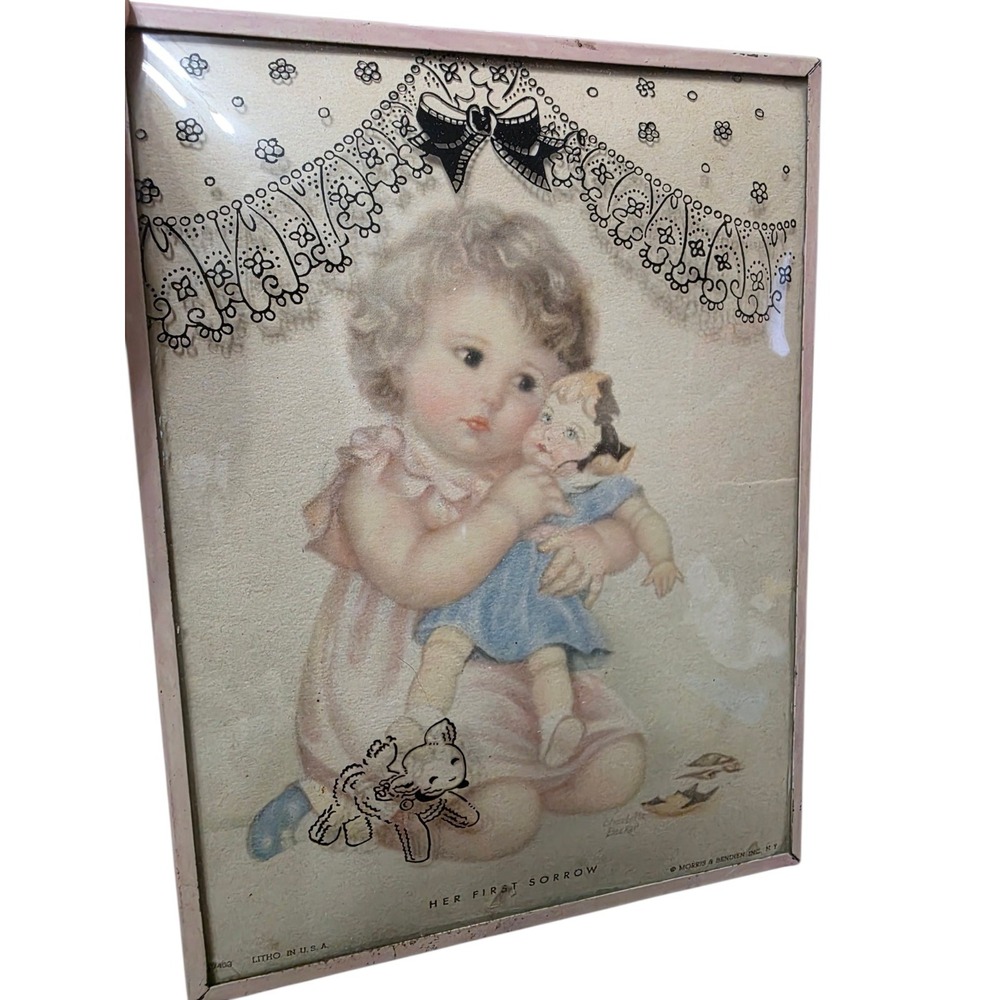 Vintage 1930s Charlotte Becker "Her First Sorrow" Lithograph Bubble Convex Frame